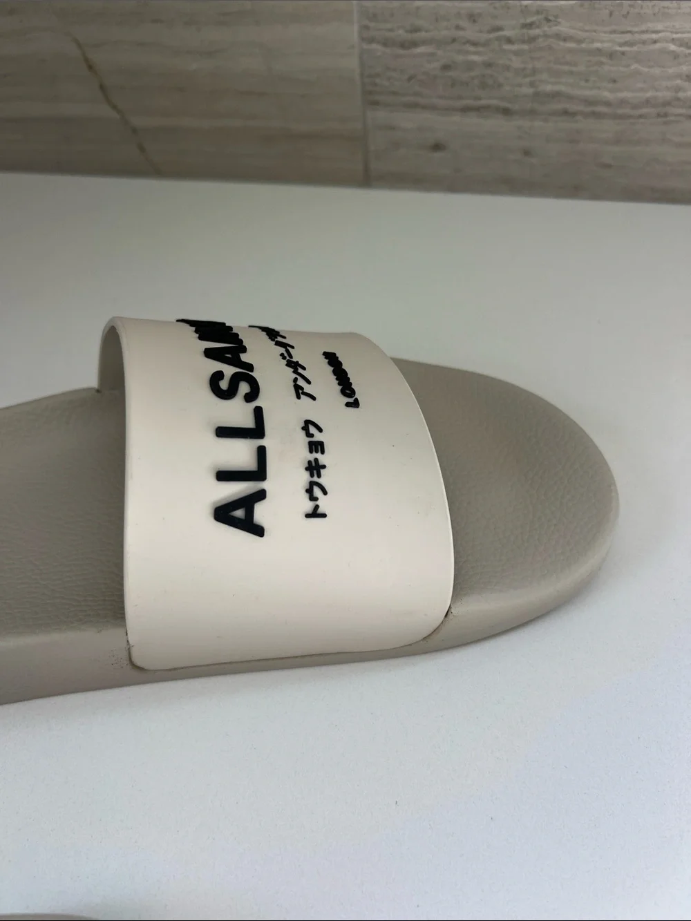 ALLSAINTS underground logo open toe slip on slider sandals cream light gray 42
